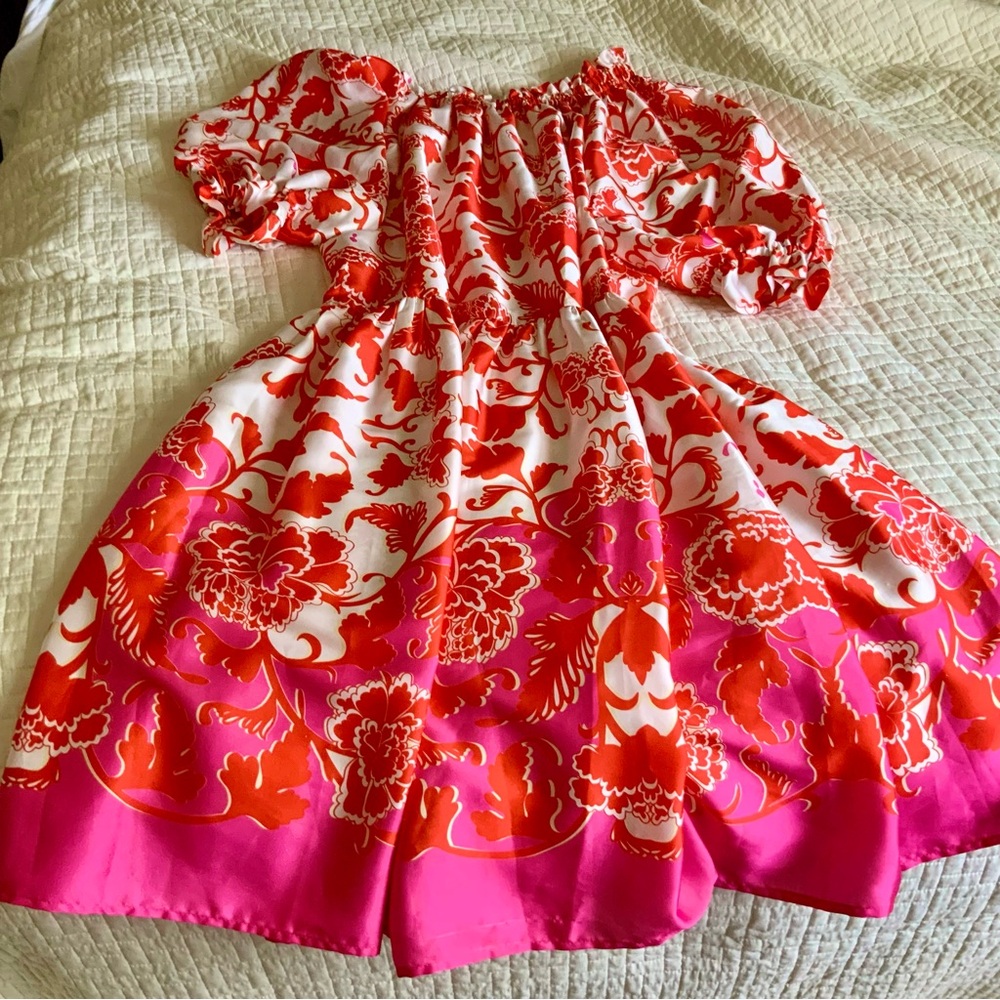 Anthropologie Red Pink White Delfi Sasha Floral Off the Shoulder Maxi Dress S